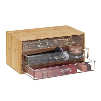 Obrázek Relaxdays Kosmetický organizér, 3 zásuvky, make up a uchovávání šperků, v x š 17,5 cm, bambusový box se zásuvkami, přírodní, PS, 1 kus