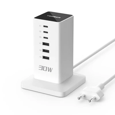 Obrázek TESSAN Vícenásobná nabíječka 30 W, 6 v 1 nabíjecí stanice se porty (3 a 3 C), USB konektor, 30W adaptér s 2m kabelem, kompaktní nabíječka, síťové zdroje pro mobilní telefony, tablety atd