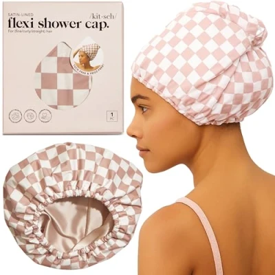 Obrázek Kitsch Luxury Shower Cap for Women Waterproof Satin Lined Cap, Reusable Adjustable Hair Shower, Big Bonnet, Large Caps Long Terra