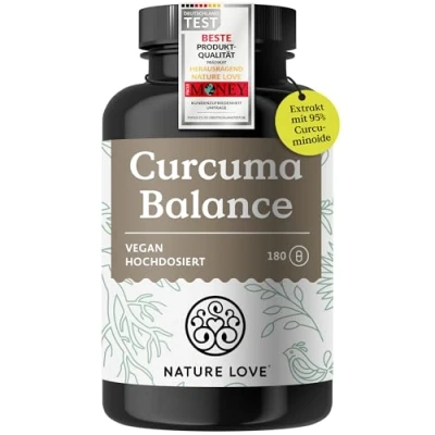 Obrázek NATURE LOVE® Curcuma Balance 180 kapslí vysoká dávka 1500 mg, z toho 199 mg kurkumin extrakt černého pepře 10 s 90 % piperin/denní veganské, laboratorně testováno a vyrobeno v