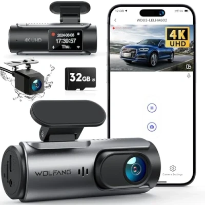 Obrázek WOLFANG Dashcam Auto přední zadní 4K WiFi kamera na přístrojovou desku s 32GB SD kartou, ultra noční vidění, 170 širokoúhlý, WDR, 24 hodin parkovací režim, G senzor, nahrávání ve smyčce