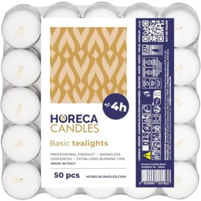 Obrázek Horeca Candles Čajové svíčky s dobou hoření 4 hodiny 50 kusů, bílé bez vůně parafínový vosk svatba, dekorace, oslavy, relaxace, party