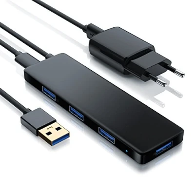 Obrázek CSL USB 3. 0 hub s napájecím zdrojem Ultra Slim 4 portový rozdělovač datový pro PC PS4 Notebook Netbook Laptop Ultrabook Tablet MacBook Bus Powered Blue Power LED vč. síťového