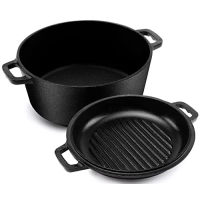 Obrázek KICHLY Litinový hrnec 2 v 1 s dvojitým účelem, poklička na grilovací pánev předkořeněná litinová trouba Dutch Oven pečení chleba, vaření, pečení, dušení a grilování uvnitř i venku