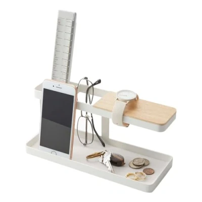 Obrázek Yamazaki 2299 Tower Tisch Organizer, weiß, Stahl/Holz, Minimalistisches Design, 24,5 x 9,7 11,3 cm (LxBxH)