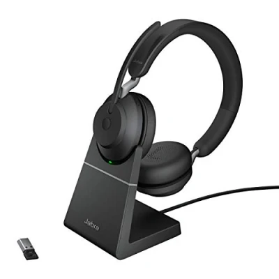 Obrázek Jabra Evolve2 65 Wireless PC Headset s nabíjecím stojanem potlačení okolního šumu certifikovaný UC stereo sluchátka baterií dlouhou životností adaptér USB A Bluetooth černá