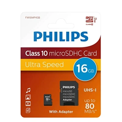 Obrázek Philips Ultra Speed microSDHC Card 16 GB + SD Adapter UHS I U1, Lesegeschwindigkeit bis zu 80 MB/s, A1 Fast App Performance, V10, Speicherkarte für Smartphones, Tablet, PC, Reader, Full HD Video