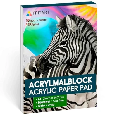 Obrázek Tritart akrylový papír A4 400g/m² I malířský blok pro akrylové barvy 18 listů bílé kvalitní kreslicí bez kyselin těžký akrylovou malbu a olejomalbu lepený na