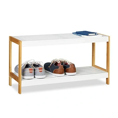 Obrázek Relaxdays, 2 přihrádky, bílý/přírodní botník, robustní uložení bot, bambus a MDF, odkládací plocha na boty V x Š H 36,5 70 26 cm