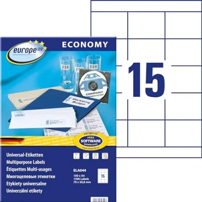 Obrázek europe100 ELA044 univerzální etikety (1 500 lepicích etiket, formát 70 x 50,8 mm na DIN A4, samolepicí nálepky pro odesílatele, potisknutelné adresní štítky, 3669) 100 listů, bílá