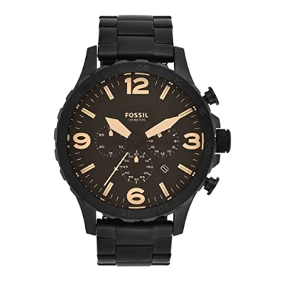 Obrázek Fossil Hodinky Nate pro muže, quartzový strojek chronograf s koženým páskem z ušlechtilé oceli nebo koženého náramku, černá a hnědá, JR1356 AMZUK