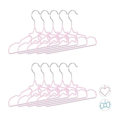 Obrázek Relaxdays dětské ramínko na šaty hvězda sada 10 kusů, drátěné nožičky, ramínko, dekorativní a prostorově úsporné, kov, 30 cm, světle růžová