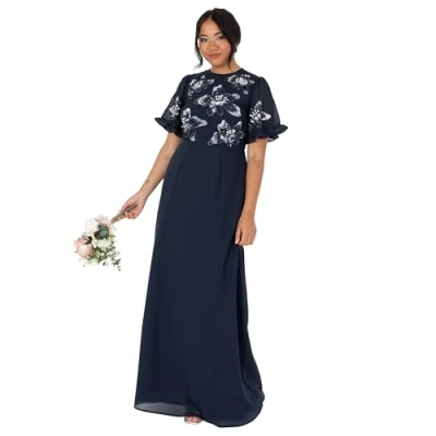 Obrázek Maya Deluxe dámské maxi šaty Short Angel Sleeve Round Neck Floral Sequin Embellished A line for Wedding Guest Ball Gown šaty, Námořnická modrá Blue
