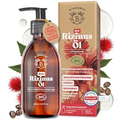 Obrázek Bionoble Ricinový olej bio 200 ml 100 % čistý, přírodní a lisovaný za studena řasy, obočí, vlasy, vousy, nehty Vegan, Cruelty Free Castor Oil skleněná láhev + pumpa
