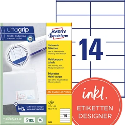 Obrázek AVERY Zweckform 3477 nálepky na adresu (1 400 lepicích etiket, 105 x 41 mm A4, papír matný, individuálně potiskovatelné etikety odesílatele, samolepicí adresní štítky s ultragrip) 100 listů, bílá
