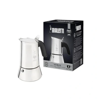 Obrázek Bialetti Nový Venus, kávovar na espresso z ušlechtilé oceli, vhodný pro všechny typy sporáků, 2 šálky (85 ml), hliník, stříbrný (není indukci)