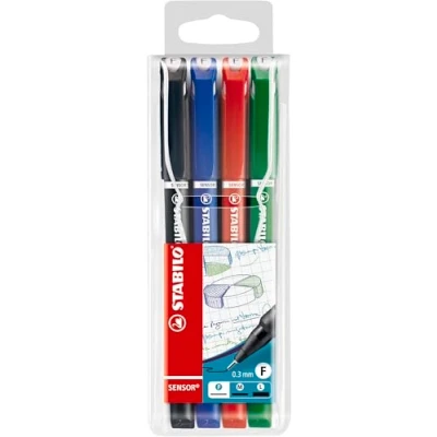 Obrázek Fineliner s pružinovým hrotem STABILO SENSOR F jemné balení 4 ks černé, modré, červené, zelené