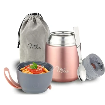 Obrázek Milu® Termonádoba na jídlo I 450 ml ušlechtilá ocel nádoba udržení teploty se lžící, termopohárek jídlo, termo box oběd pro děti, dospělé, termobox polévky, dětská kaše,