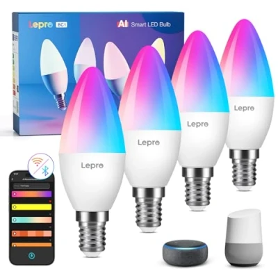 Obrázek Lepro AI Smart žárovka BC1, 4,9 W 470 LM E14 stmívatelná, velký hlasový model LLM, teplá bílá a RGB, kompatibilní s Alexa/Google, hlasové ovládání/synchronizace hudby, WiFi &amp; Bluetooth, 4 kusy