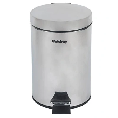 Obrázek Beldray LA038098SS koupelnový pedálový odpadkový koš malý kulatý hygienický z ušlechtilé oceli do ložnice, kanceláře, kuchyně, WC, měkký uzavírací mechanismus, vyjímatelná vnitřní