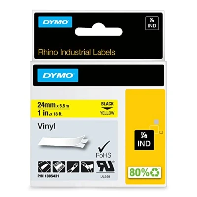 Obrázek DYMO Průmyslové vinylové etikety Rhino 24 mm x 5,5 m černé na žluté samolepicí páska pro a LabelManager popisovací přístroj