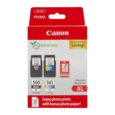 Obrázek Canon Inkoust &amp; papír Multipack PG 560XL/CL 561XL originální inkoustová náplň balení 2 ks (1 x černá XL, 1 barva XL náplně do tiskárny) 4x6 fotopapír (50 listů)