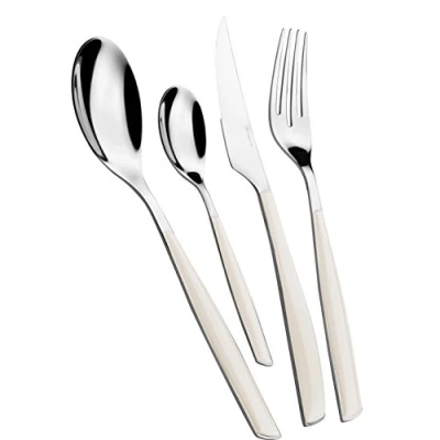 Obrázek BUGATTI, Glamour, 4 teiliges Besteckset aus Edelstahl 18/10 und Farbgriff IVORY. für 1 Person bestehend Löffel, Gabel, Messer Kaffeelöffel
