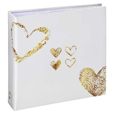 Obrázek Hama Zasouvací album Laaaa (fotoalbum se 100 stranami, pro zasunutí 200 fotografií ve formátu 10 x 15 cm, fotokniha s motivem srdce, svatební album) bílá/zlatá