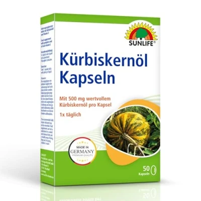 Obrázek SUNLIFE kapsle s dýňovým olejem 1 x 50 kusů 500 mg hodnotného dýňového oleje vitaminem E kvalitní dýňovými semínky bez cukru a lepku