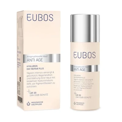 Obrázek EUBOS Anti AGE, Hyaluron Day Repair Plus LSF 20, denní krém proti vráskám pro suchou pokožku s ochranou slunci, ochrana před stárnutím pleti, poškození pokožky, snášenlivost pokožkou