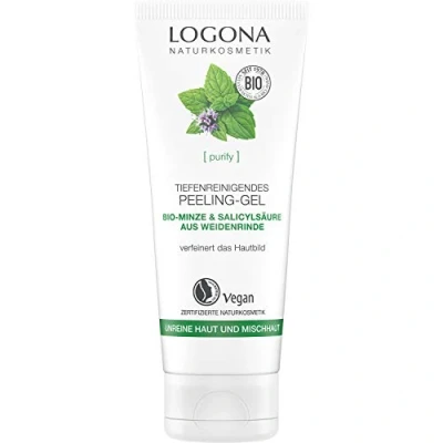 Obrázek bio hloubkově čistící peelingový gel od LOGONA Naturkosmetik pro problematickou pleť a smíšenou s mátou přírodní kyselinou salicylovou z vrbové kůry, čistí zmatňuje, &amp;