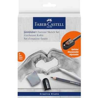 Obrázek Faber Castell 114006 Sada kreslení Goldfaber Charcoal, 8dílná, včetně uhlíkových tužek, ořezávátka, papírových mopů a mazací gumy