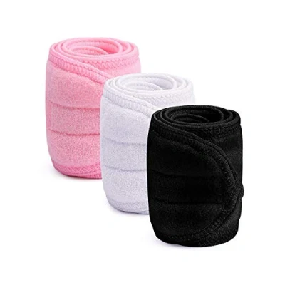 Obrázek 3Pcs Kosmetik Haarband,XCOZU Spa Stirnband Frottee Haarband für Make Up Damen Sport Yoga kosmetische Behandlungen,Verstellbare Haarschutzband mit Klettverschluss(Schwarz Weiß Pink)
