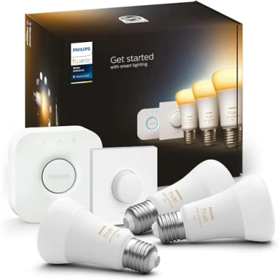 Obrázek Philips Hue White Ambiance E27 3dílná startovací sada vč. chytrého tlačítka 3 x 1100, stmívatelná, všechny odstíny bílé, ovládání pomocí aplikace, kompatibilní s Amazon Alexa (Echo, Echo Dot)