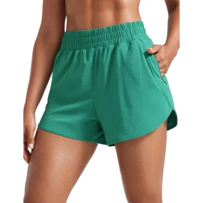 Obrázek CRZ YOGA Dámské Krátké sportovní kalhoty běžecké High Waist Fitness Sport Shorts s kapsou na zip, Cascadia zelená, 38