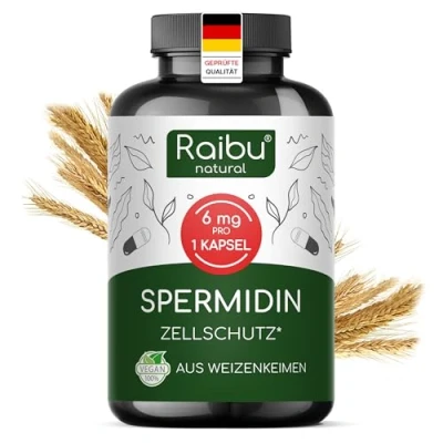 Obrázek Raibu Kapsle spermidin ve vysokých dávkách 6 mg v jedné kapsli 90 kapslí spermidinu zásoba na 3 měsíce veganské, přírodní a bez přísad z extraktu pšeničných klíčků