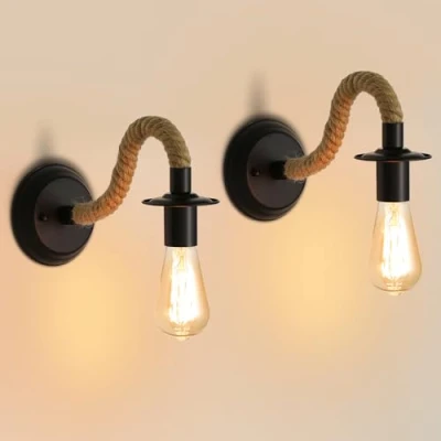 Obrázek Comely 2 Stück Wandleuchte Retro, Wandlampe aus Hanfseil Schwarz E27, Industrial Innen für Schlafzimmer, Wohnzimmer, Treppen, Flur (ohne Leuchtmittel)