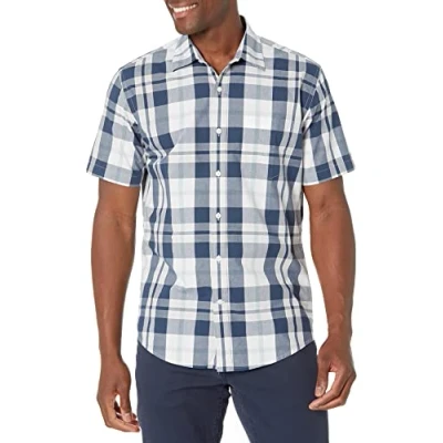 Obrázek Amazon Essentials Herren Kurzärmeliges Hemd aus Popeline, Normale Passform, Marineblau Weiß Großes Karo, M