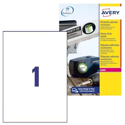 Obrázek AVERY Zweckform L4775 100 fóliové etikety odolné proti povětrnostním vlivům (100 lepicích etiket, 210 x 297 mm na A4, extrémně silné samolepicí, voděodolné, odolné, potiskovatelná venkovní lepicí fólie) listů, bílá
