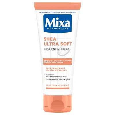 Obrázek Mixa Shea Ultra Soft krém na ruce a nehty pečující balzám pro suché, popraskané drsné ruce, ochrana intenzivní péče s glycerinem bambuckým máslem, 100 ml