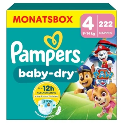 Obrázek Pampers Baby Dry Tlapková patrola Edition velikost 4, 222 plenek, 9 kg 14 kg, až 100% zabezpečená proti protékání a komfortní noc