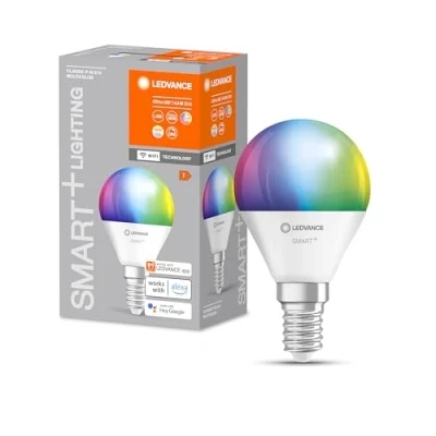 Obrázek LEDVANCE E14 LED žárovka Mini Bulb, Smart Home Wifi světelný zdroj s 4,9 W (470 lm) nahrazuje 40W žárovku, stmívatelná, RGBW barva světla (2700 6500 K), regulovatelná pomocí Alexa, google nebo