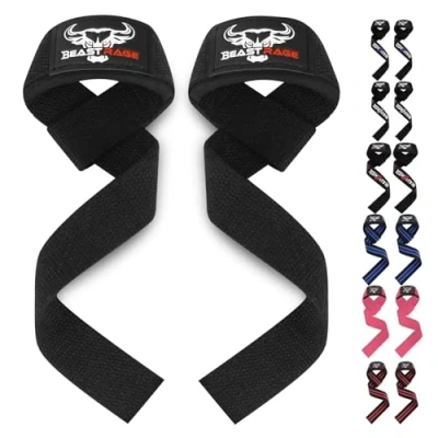Obrázek BEAST RAGE Zughilfen für Krafttraining (Fitness Straps) Kreuzheben Gurte Frauen Männer (Gepolstert) Gewichthebergurte Baumwolle Handgelenkstütze Griffe Hantel Bar (Lifting Straps)(Schwarz)