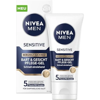 Obrázek NIVEA MEN Sensitive Gel pro péči o vousy a obličej, rychle se vstřebává péče citlivou mužskou pokožku, uklidňující obličej zmírnění podráždění pokožky (50 ml)
