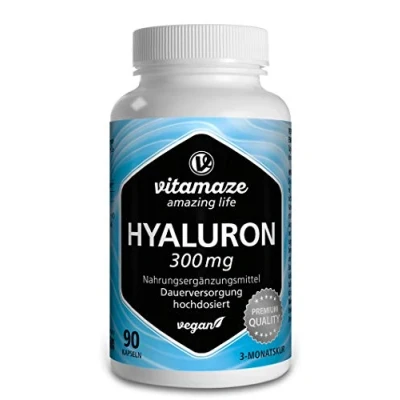 Obrázek Kapsle s kyselinou hyaluronovou ve vysokých dávkách, 300 mg na kapsli, veganské, trvalá zásoba 3 měsíce, vysoká biologická dostupnost: nízkomolekulární 500 700 kDa, doplněk stravy bez přísad, vyrobeno