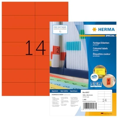 Obrázek HERMA 4557 barevné etikety červené, 100 listů, 105 x 42,3 mm, 14 na arch A4, 1400 kusů, samolepicí, potištěné, matné, prázdné papírové štítky