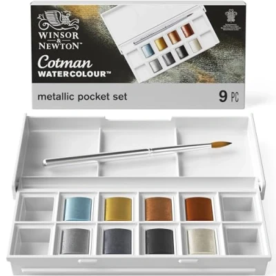 Obrázek Winsor &amp; Newton 0390702 Cotman Metallic akvarelové barvy studiové vodní barvy, živé vysoce kvalitní s velmi dobrými zpracovatelskými vlastnostmi, sada 8 barev v 1/2 pánvičkách, Pocket