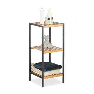 Obrázek Relaxdays, přírodní bambusový regál, univerzální stojací 3 police, kovový rám, čtverec, V x Š H: 70 30 cm, úrovně