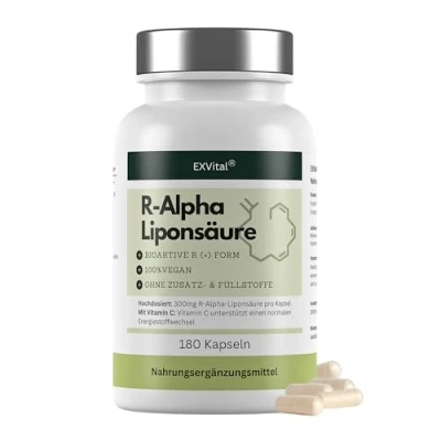 Obrázek EXVital® Kyselina R alfa lipoová, vysoká dávka 300 mg v jedné kapsli, přírodním tvaru R, 180 kapslí, veganské a bez přísad, laboratorně testováno