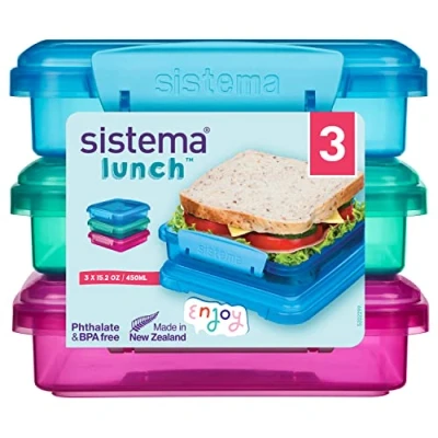Obrázek Sistema Sendvičové krabičky na oběd 450 ml vzduchotěsné dózy svačinu přestávku bez BPA 3 kusy